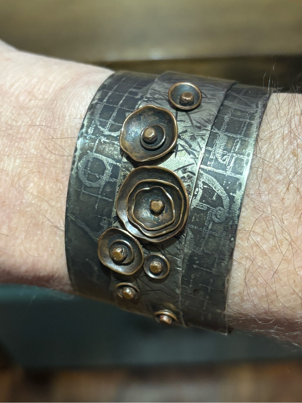 Artisan silver and copper Cuff Bracelet with Flowers handmade art jewelry